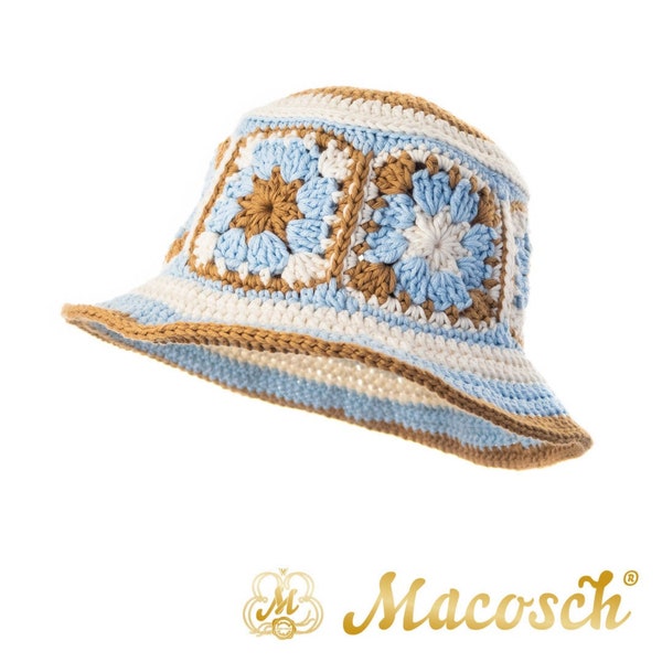 Cotton Summer Crochet Patchwork Hat | Color Mix Patchwork Summer Hat | Cotton Bucket Hat | Blue, beige & white summer hat