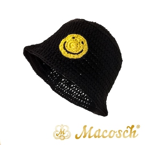 Sombrero de cubo de ganchillo de verano de algodón negro unisex con smiley