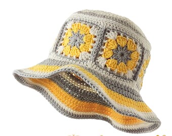 Cotton Summer Crochet Patchwork Hat | Color Mix Patchwork Summer Hat | Cotton Bucket Hat | Yellow, grey & white summer hat