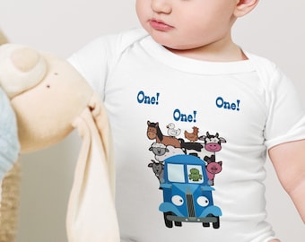 Blue Truck Birthday Outfit, Farm Animals First Birthday Shirt, Direct to garment print