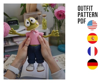 Crochet summer jeans and polo  shirt outfit for froggy, PDF ENGLISH SPANISH french crochet pattern