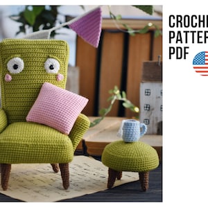 May include: Crochet pattern PDF for a green armchair with a pink pillow and a small green stool with a blue cup on top. The pattern is available for download.