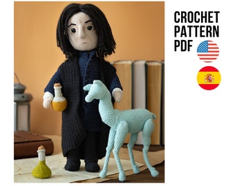 Amigurumi cute mysterious wizard crochet doll pattern, doe toy pdf English and Spanish tutorial