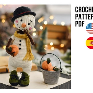 Mr. Snowball cute crochet toy Christmas smiling snowman, PDF ENGLISH Spanish pattern