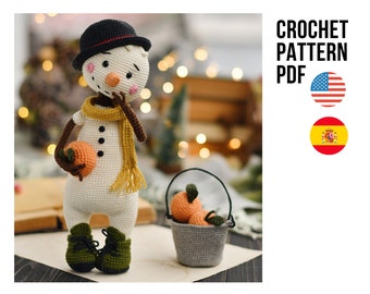 Mr. Snowball cute crochet toy Christmas smiling snowman, PDF ENGLISH Spanish pattern