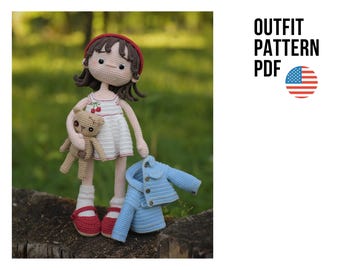 Cherry dress crochet pattern for doll | doll outfit PDF | denim jacket and teddy bear | Senya Anuta clothes
