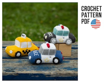 Police car and taxi crochet pattern, amigurumi cars pattern, PDF pattern in English