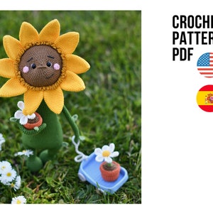 Amigurumi cute smiling sunflower, PDF ENGLISH SPANISH crochet pattern