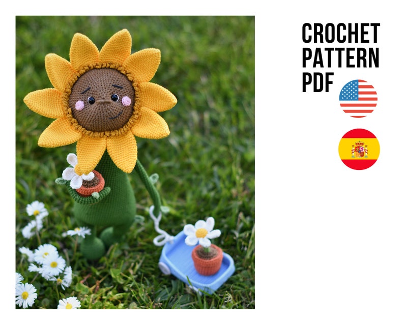 Amigurumi cute smiling sunflower, PDF ENGLISH SPANISH crochet pattern image 1