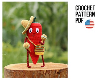 Patrón de crochet de chile picante en PDF. Patrón de chile picante amigurumi. Patrón de chile a crochet. Patrones de verduras a crochet. Patrones de comida a crochet