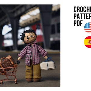 Little black-haired wizard, cute amigurumi crochet toy, boy wearing checkered shirt PDF ENGLISH SPANISH pattern