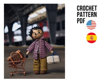 Little black-haired wizard, cute amigurumi crochet toy, boy wearing checkered shirt PDF ENGLISH SPANISH pattern