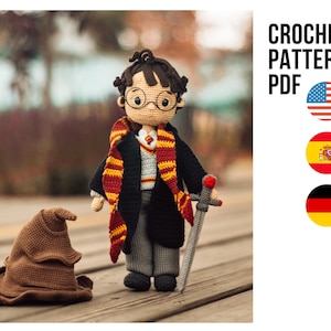 Amigurumi famous wizard boy crochet doll pattern, toy pdf English Spanish German tutorial