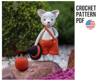 Crochet Pattern fox halloween. Amigurumi animals. White fox. Crochet pattern of pumpkin and witch hat