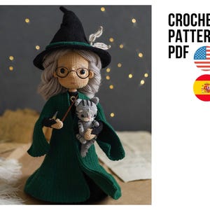 Padrão de boneca de crochê Amigurumi A Bruxa Sábia, professora com brinquedo de gato pdf Tutorial em inglês e espanhol