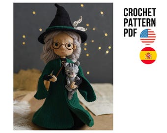 May include: A crocheted doll of a witch wearing a black hat, green cloak, and round glasses, holding a wand and a gray cat. The doll has gray hair and is standing. The text "CROCHET PATTERN PDF" is visible.