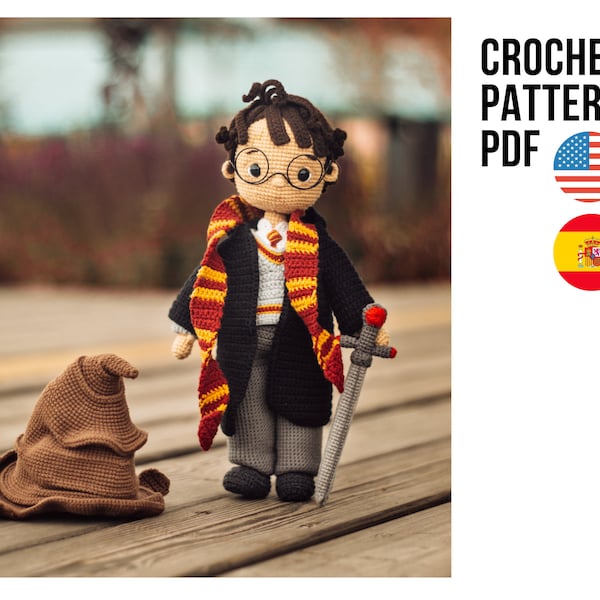 Amigurumi famous wizard boy crochet doll pattern, toy pdf English Spanish tutorial