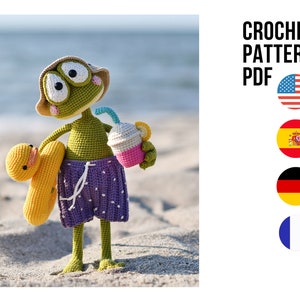 Amigurumi cute summer frog on vacation, PDF ENGLISH Spanish German French crochet animal pattern
