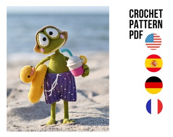Frog crochet pattern amigurumi | summer frog toy PDF |  cute vocation frog | English Spanish German French