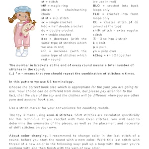 May include: A page of crochet instructions titled instructions featuring a cartoon illustration of a doll with pigtails holding a small horse. The text defines abbreviations like MR for magic ring, sc for single crochet, and dc for double crochet.