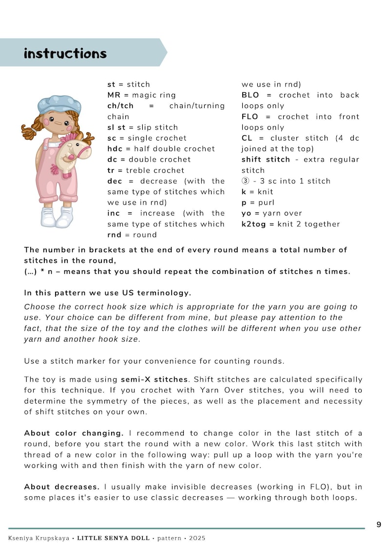 May include: A page of crochet instructions titled instructions featuring a cartoon illustration of a doll with pigtails holding a small horse. The text defines abbreviations like MR for magic ring, sc for single crochet, and dc for double crochet.