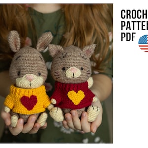 Cat and bunny crochet patterns bundle, amigurumi patterns for Valentine’s Day, PDF pattern in English