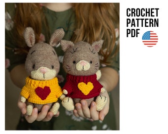 Pacote de padrões de crochê de gato e coelho, padrões de amigurumi para o Dia dos Namorados, padrão PDF em inglês