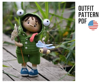 Frog jumpsuit for cute crochet doll, little boy, Flip, PDF ENGLISH pattern