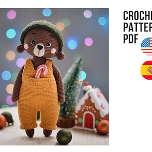 Amigurumi cute little Christmas bear wearing pants and beanie, PDF ENGLISH SPANISH crochet pattern