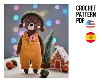Amigurumi cute little Christmas bear wearing pants and beanie, PDF ENGLISH SPANISH crochet pattern