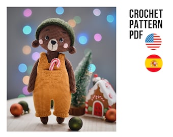 Amigurumi cute little Christmas bear wearing pants and beanie, PDF ENGLISH SPANISH crochet pattern