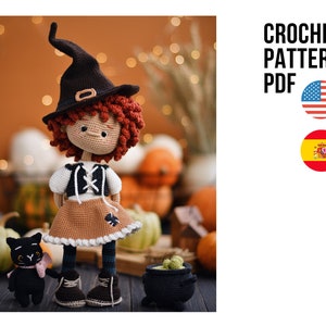 Amigurumi cute Halloween little witch Pumpkin, PDF ENGLISH SPANISH crochet pattern
