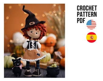 Amigurumi cute Halloween little witch Pumpkin, PDF ENGLISH SPANISH crochet pattern