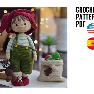 Little Santa&#39;s helper crochet toy cute Christmas elf, PDF ENGLISH Spanish pattern