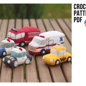 Amigurumi crochet patterns set: police car, taxi, fire truck and ambulance, PDF patterns in English