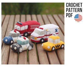 Amigurumi crochet patterns set: police car, taxi, fire truck and ambulance, PDF patterns in English
