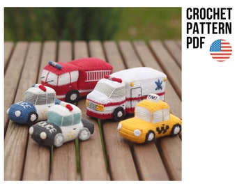 Amigurumi crochet patterns set: police car, taxi, fire truck and ambulance, PDF patterns in English