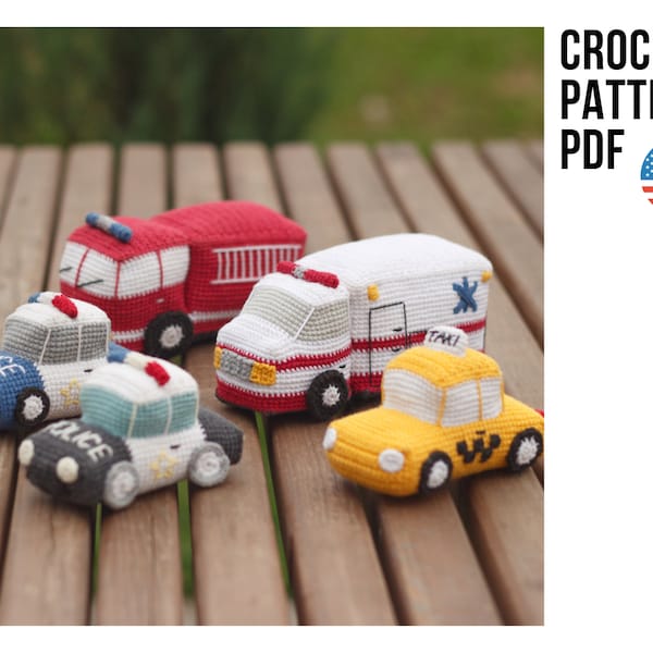 Amigurumi crochet patterns set: police car, taxi, fire truck and ambulance, PDF patterns in English