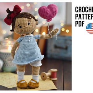 Cute crochet doll wearing dress for Valentine's day, Knopka, PDF ENGLISH pattern