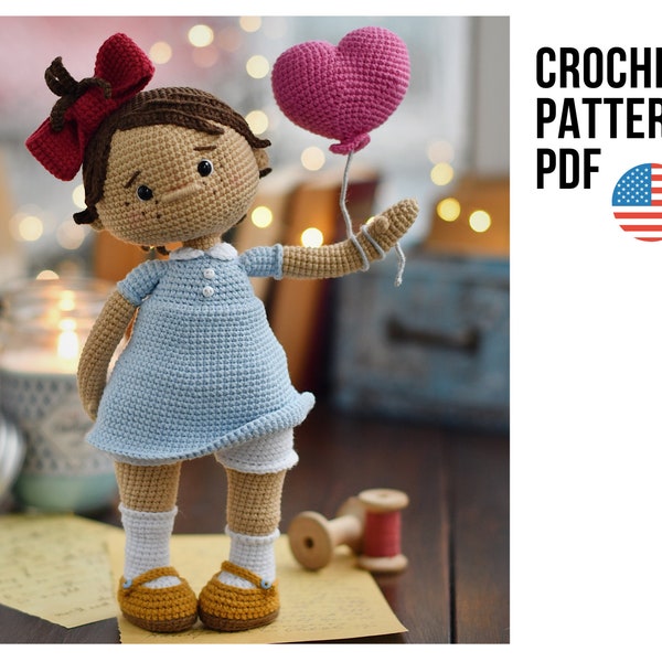 Cute crochet doll wearing dress for Valentine's day, Knopka, PDF ENGLISH pattern