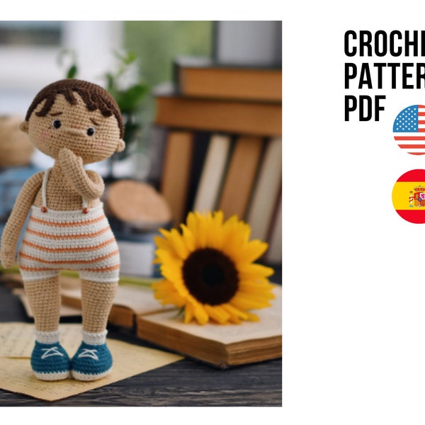 Lindo muñeco crochet niñito, Flip, patrón PDF INGLÉS ESPAÑOL