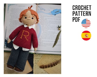 Little red-haired wizard, cute amigurumi crochet toy, boy wearing sweater PDF ENGLISH SPANISH pattern