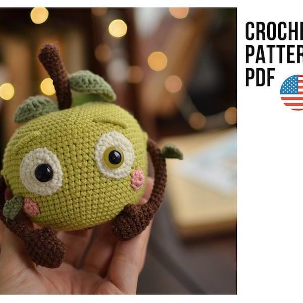 Amigurumi toy cute green Apple Guy, PDF ENGLISH crochet pattern