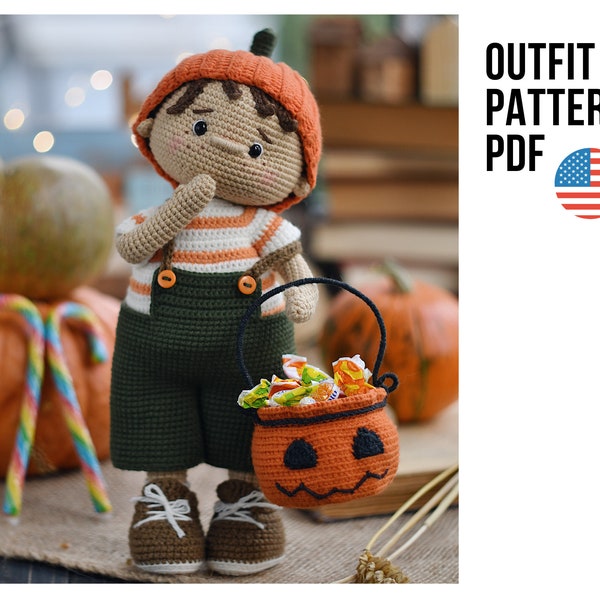 Halloween outfit for cute crochet doll, little boy, Flip, PDF ENGLISH pattern