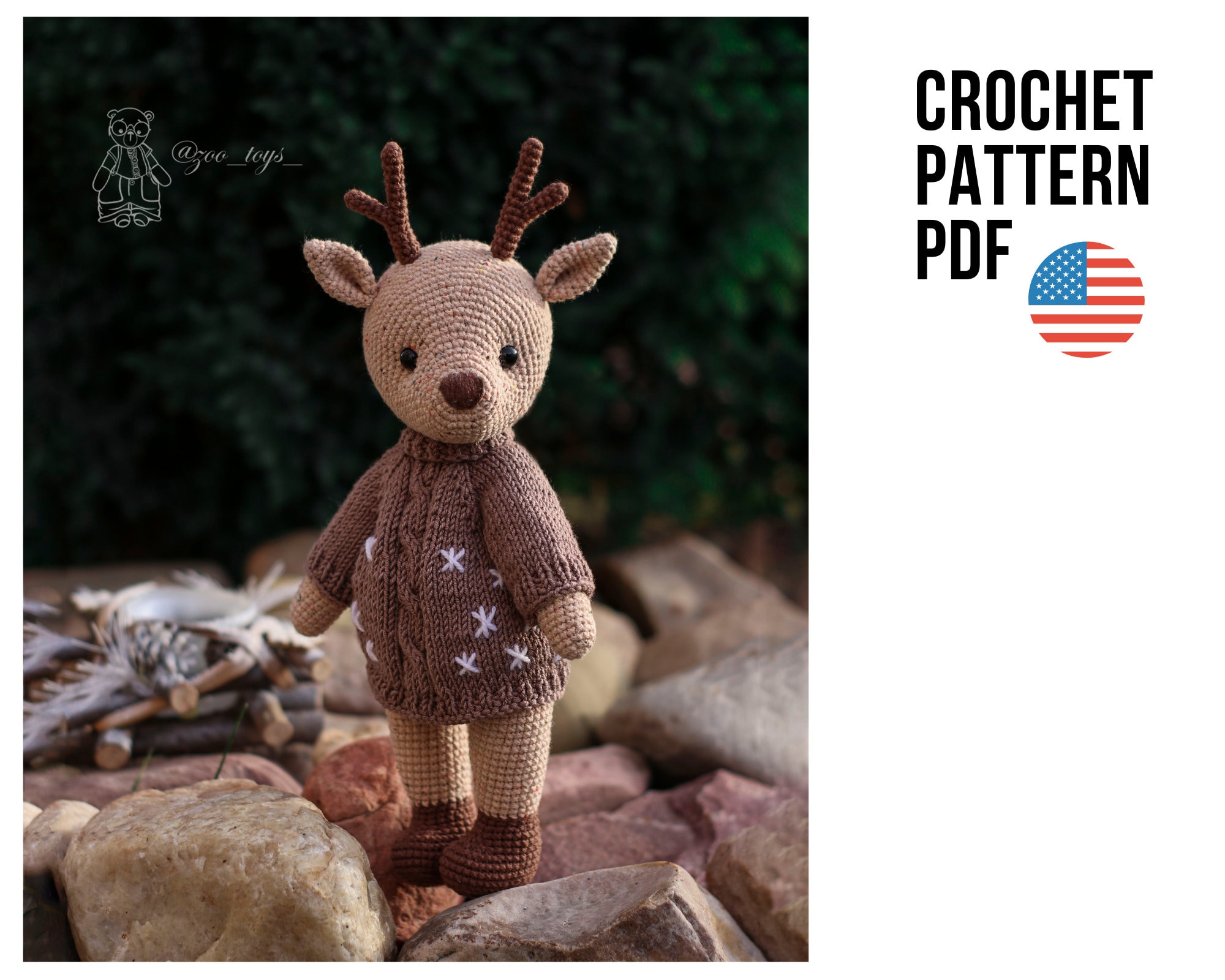 Crochet Pattern Christmas Deer. Sweater knitting pattern. Amigurumi cute christmas deer. Christmas crochet patterns