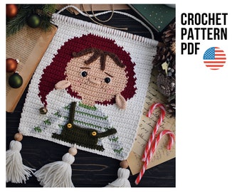 Little Santa's helper Pip crochet wall hanging, PDF ENGLISH pattern