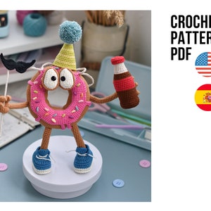Amigurumi cute funny party Donut, PDF ENGLISH Spanish crochet toy pattern