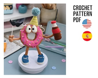 Amigurumi cute funny party Donut, PDF ENGLISH Spanish crochet toy pattern