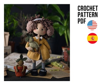 La piccola strega riccia più intelligente, simpatico giocattolo amigurumi per ragazze all'uncinetto, modello PDF INGLESE SPAGNOLO