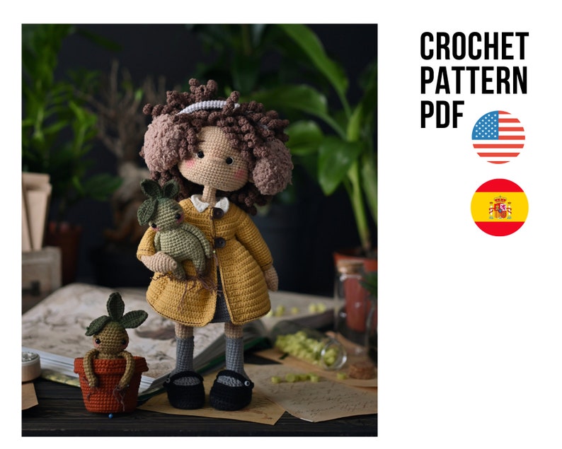 The smartest little curly witch, cute amigurumi crochet girl toy, PDF ENGLISH SPANISH pattern zdjęcie 1